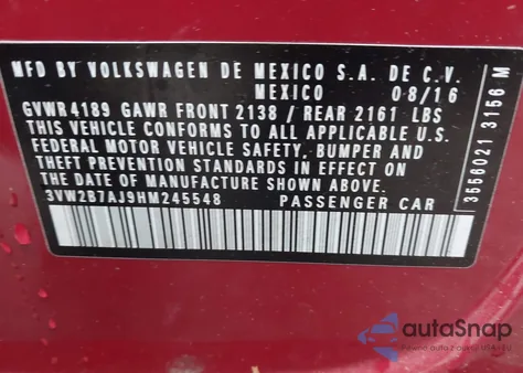 2017 Volkswagen Jetta 1.4T S from USA, damaged, VIN 3VW2B7AJ9HM245548